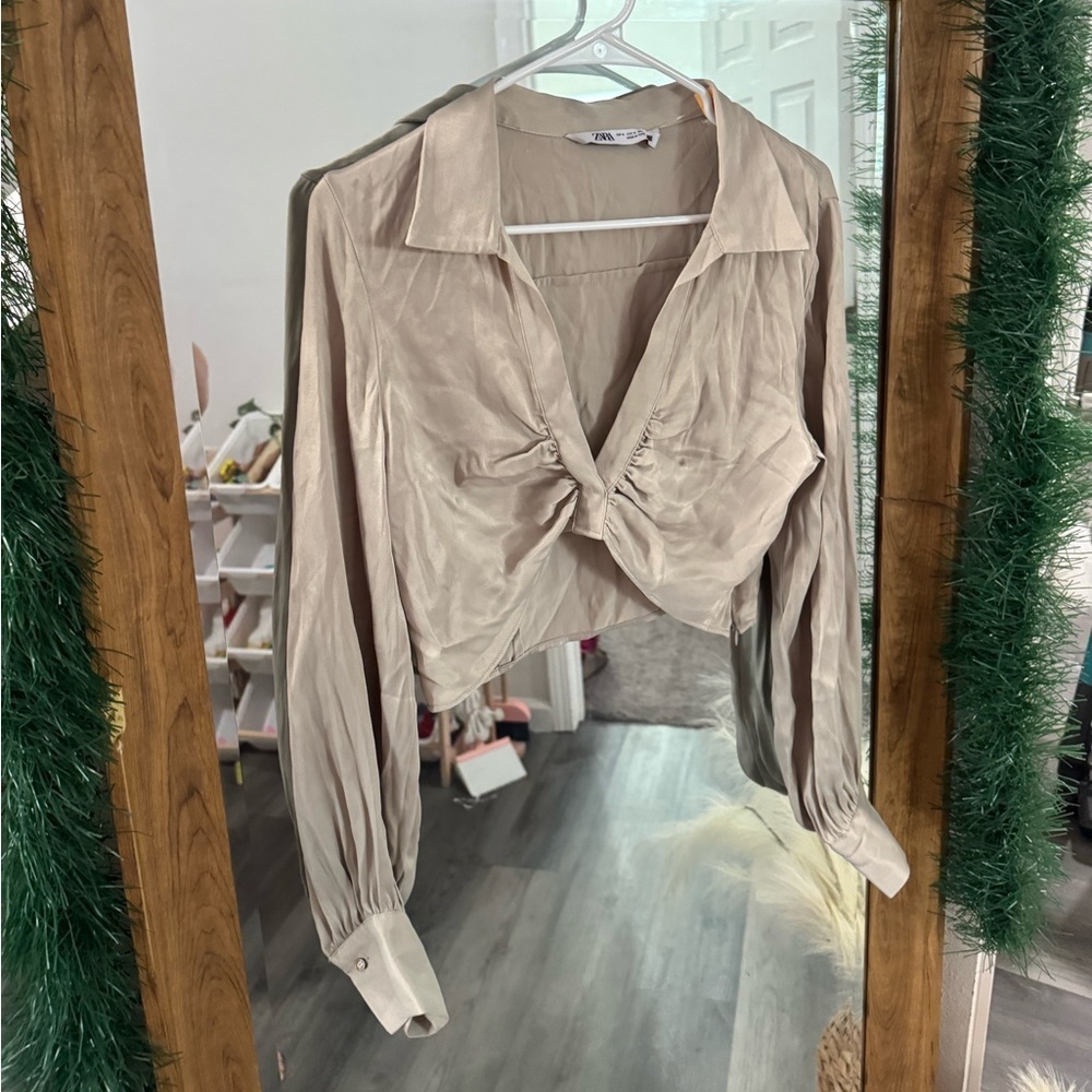 ZARA Satin Cropped Ruched Blouse - Picture 2 of 4